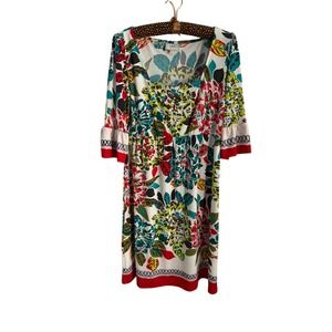ECI New York Floral Empire Waist Dress 3/4 Bell Sleeve Red Teal Green Size 6